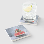 クリスマスに座っているヨークシャー・テリア・ドッグ雪 ストーンコースター (横)