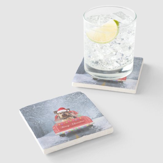 クリスマスに座っているヨークシャー・テリア・ドッグ雪 ストーンコースター (横)