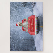 クリスマスに座って雪の中のゴルデンドル犬 ジグソーパズル (縦)