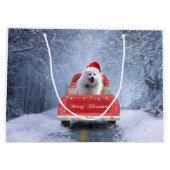 クリスマスに座る雪の中のアメリカのエスキモー犬 ラージペーパーバッグ (裏面)