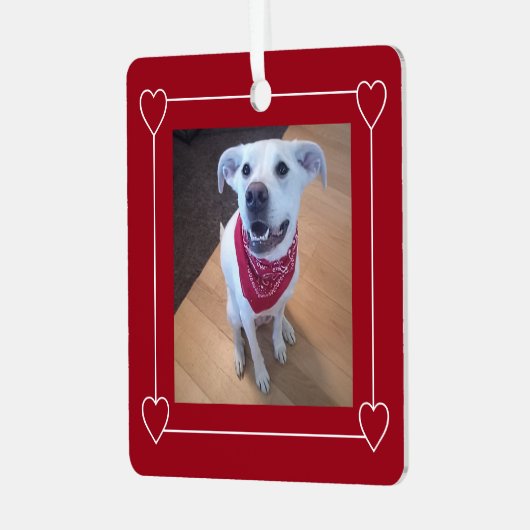 クリスマスに微笑む犬のかわいい赤と白写真 メタルオーナメント (正面左)