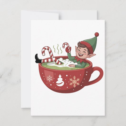 クリスマスに抹茶風呂に入るユーモラスなエルフ ノートカード (正面)