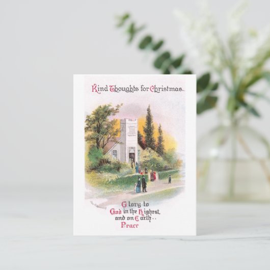 クリスマスに教会に行くヴィンテージ シーズンポストカード (スタンド正面)