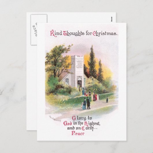 クリスマスに教会に行くヴィンテージ シーズンポストカード (正面/裏面)
