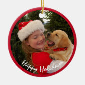 クリスマスに新しい子犬と少女 セラミックオーナメント (正面)