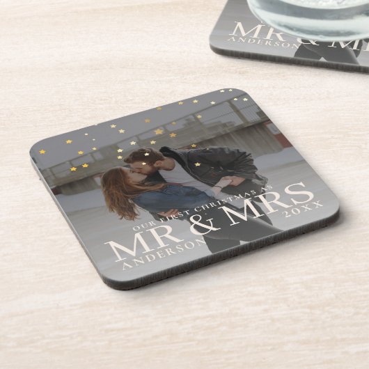 クリスマスに星と暗い夕暮れのカップルの写真 コースター (左側)
