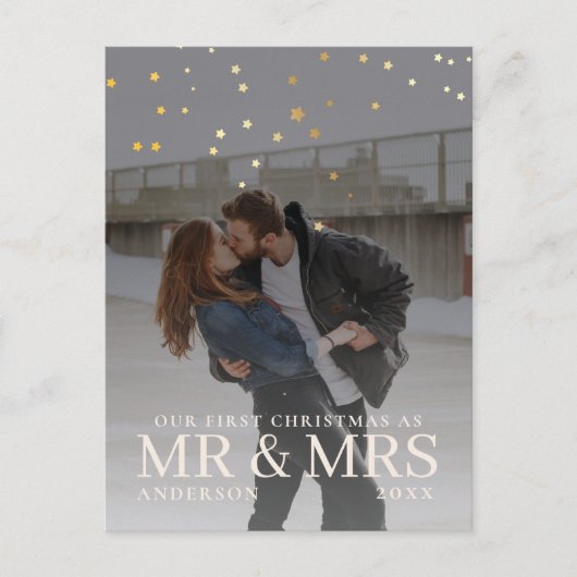 クリスマスに星と暗い夕暮れのカップルの写真 シーズンポストカード (正面)