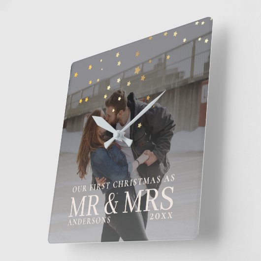 クリスマスに星と暗い夕暮れのカップルの写真 スクエア壁時計 (傾斜)