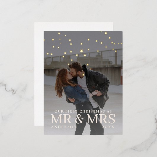 クリスマスに星と暗い夕暮れのカップルの写真 箔シーズンポストカード (正面/裏面)