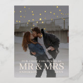 クリスマスに星と暗い夕暮れのカップルの写真 箔シーズンポストカード (正面)