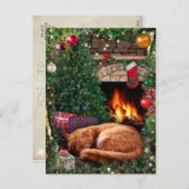 クリスマスに暖炉の隣で眠る猫 シーズンポストカード (正面/裏面)