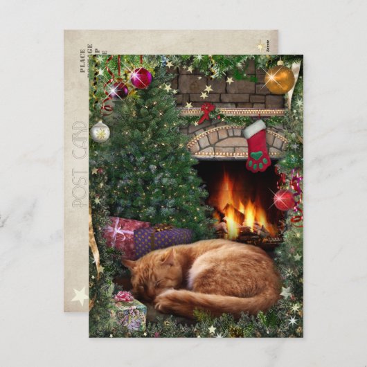 クリスマスに暖炉の隣で眠る猫 シーズンポストカード (正面/裏面)