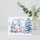 クリスマスに松の木々を産むサンタ子猫 ポストカード (スタンド正面)