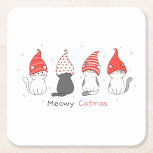 クリスマスに格言帽をかぶったかわいい猫。 スクエアペーパーコースター