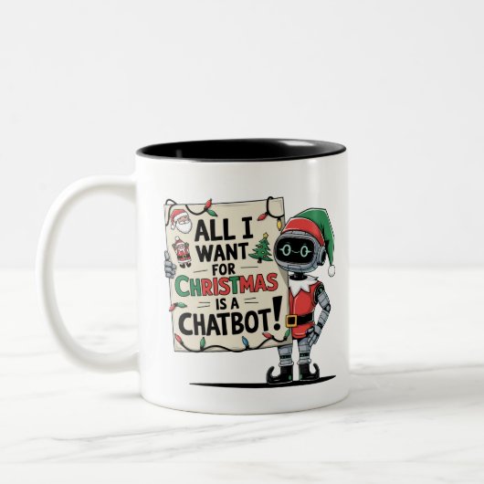 🤖クリスマスに欲しいのはチャットボットのおもしろいミーム ツートーンマグカップ (左)
