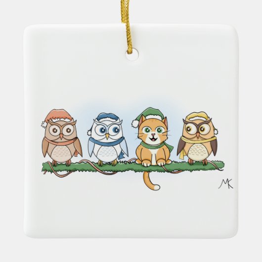 クリスマスに欲しいフクロウとマンガのフクロウ セラミックオーナメント (正面)
