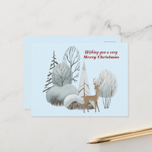 クリスマスに気分を楽しみたい水色の鹿 ポストカード (正面/裏面インサイチュ)