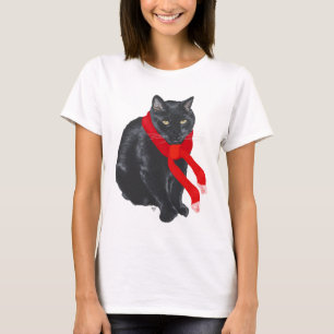 クリスマスに温まる黒猫 Tシャツ