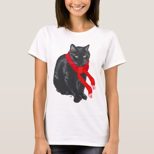クリスマスに温まる黒猫 Tシャツ (正面)