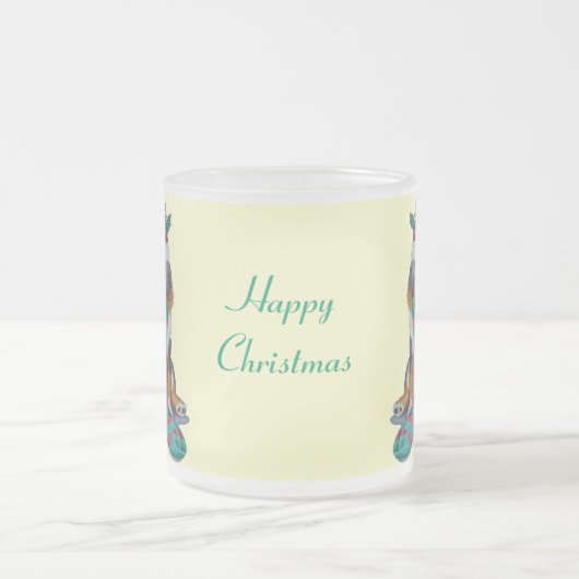 クリスマスに着替えたかわいい黒と茶色の子犬 フロストグラスマグカップ (中央)