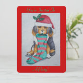 クリスマスに着替えたかわいい黒と茶色の子犬 招待状 (スタンド正面)