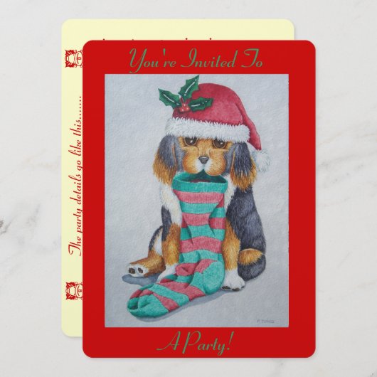 クリスマスに着替えたかわいい黒と茶色の子犬 招待状 (正面/裏面)