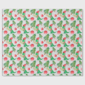 クリスマスに着飾った水彩小さな恐竜 ラッピングペーパー (フラット)