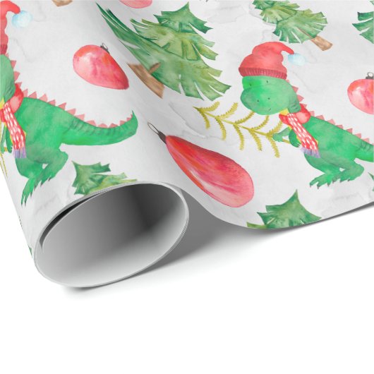 クリスマスに着飾った水彩小さな恐竜 ラッピングペーパー (ロールコーナー)
