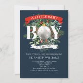 クリスマスに緑の赤ちゃんシャワーを浴びる途中の男の子 招待状 (正面)