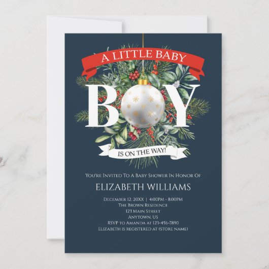 クリスマスに緑の赤ちゃんシャワーを浴びる途中の男の子 招待状 (正面)