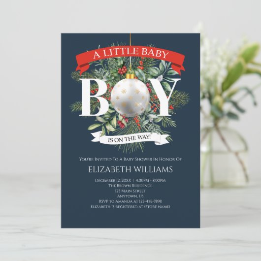 クリスマスに緑の赤ちゃんシャワーを浴びる途中の男の子 招待状 (スタンド正面)