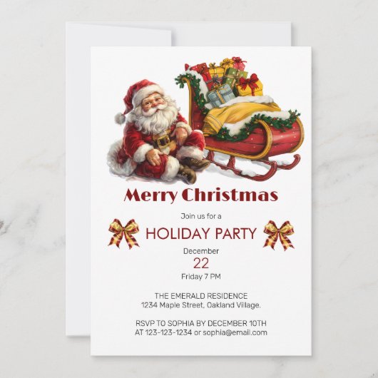 クリスマスに贈り物でいっぱいのサンタクロース 招待状 (正面)
