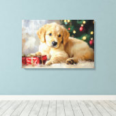 クリスマスに贈り物をしてくれた絵を描かわいい犬 キャンバスプリント (インサイチュ (ウッドフロア))