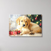 クリスマスに贈り物をしてくれた絵を描かわいい犬 キャンバスプリント (正面)
