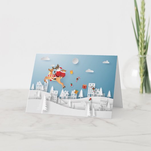 クリスマスに贈り物を届ける紙で切ったサンタ シーズンカード (正面)