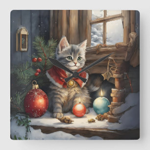 クリスマスに赤い岬で愛らしい猫 スクエア壁時計