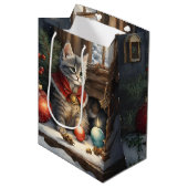 クリスマスに赤い岬で愛らしい猫 ミディアムペーパーバッグ (正面アングル)