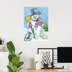 クリスマスに雪だるまを作るかわいい動物たち ポスター