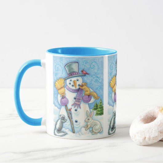 クリスマスに雪だるまを作るかわいい動物たち マグカップ (ドーナツ)