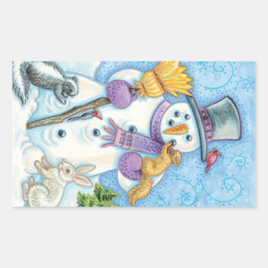 クリスマスに雪だるまを作るかわいい動物たち 長方形シール (正面)