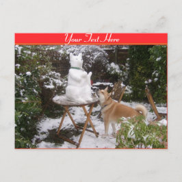 クリスマスに雪だるま付きかわいい犬の雪だるま ポストカード