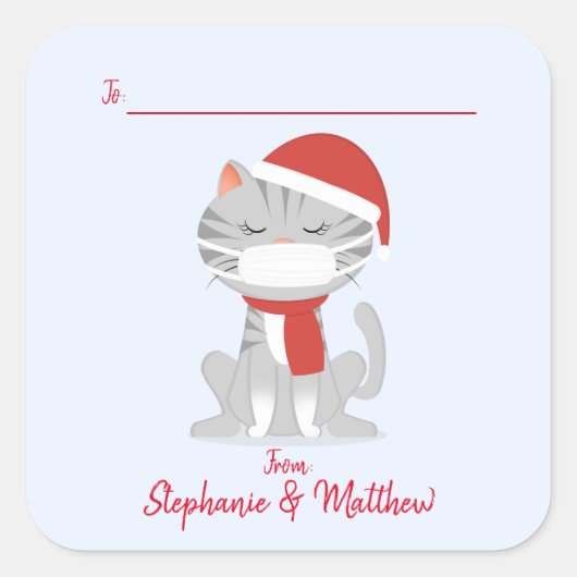 クリスマスに顔マスクをした猫 スクエアシール (正面)