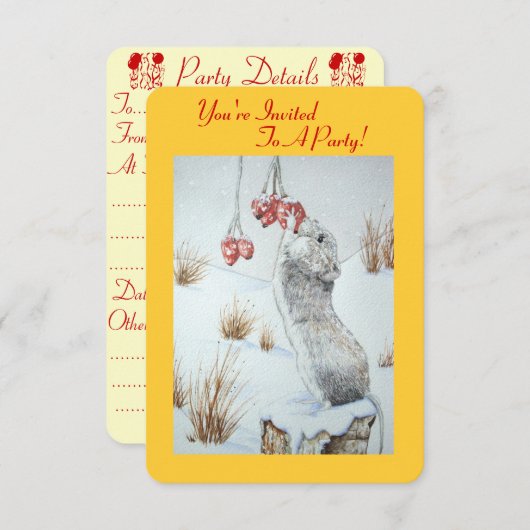 クリスマスに食べ物かわいいネズミの果実の雪のシーン 招待状 (正面/裏面)