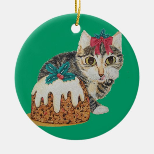 クリスマスに食べ物かわいい子猫のタビーキャットプリン セラミックオーナメント (正面)