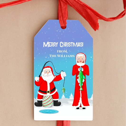 クリスマスのおかしなミセス・クラウスがサンタを釣りで負かす ギフトタグ