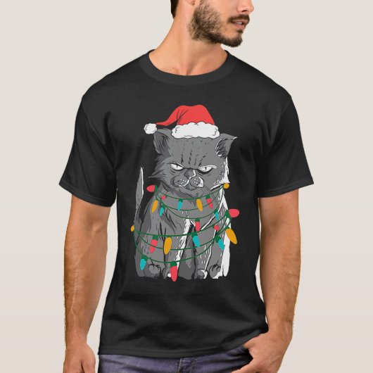 クリスマスのおしゃれなセーター風コスチュームの不機嫌な猫 Tシャツ (正面)