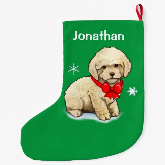 クリスマスのおじぎを着たプードルの子犬 ラージクリスマスストッキング (裏面)