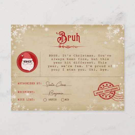 クリスマスのおてがみ ティーンへのサンタからの電報 シーズンポストカード (正面)