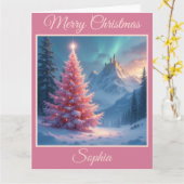 クリスマスのおとぎ話のお城とピンクの木 カード (黄色い花)