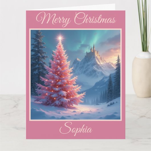 クリスマスのおとぎ話のお城とピンクの木 カード (正面)
